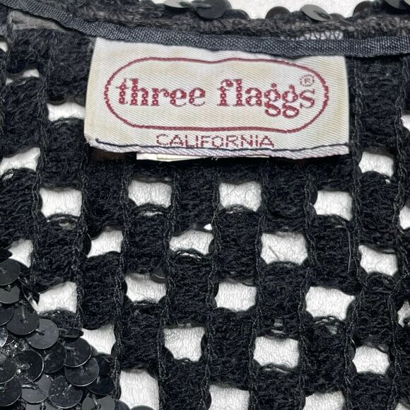 Vintage 80s Three Flaggs Sz Medium Black Sequin Disco Mesh Top Pullover - Picture 7 of 8